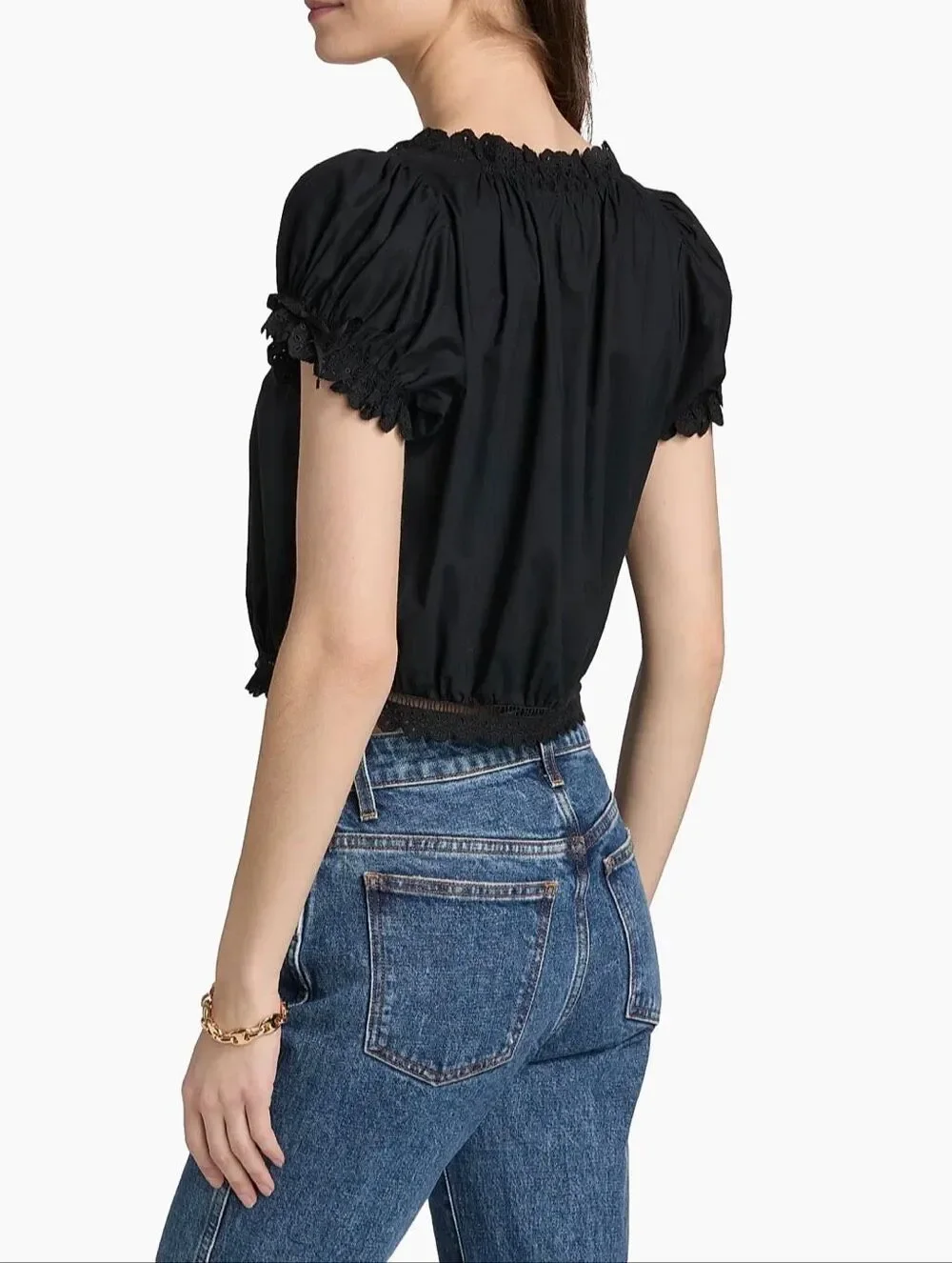 Doen Nera Eyelet Top Black Organic Cotton Puff Sleeve Peplum Blouse XS